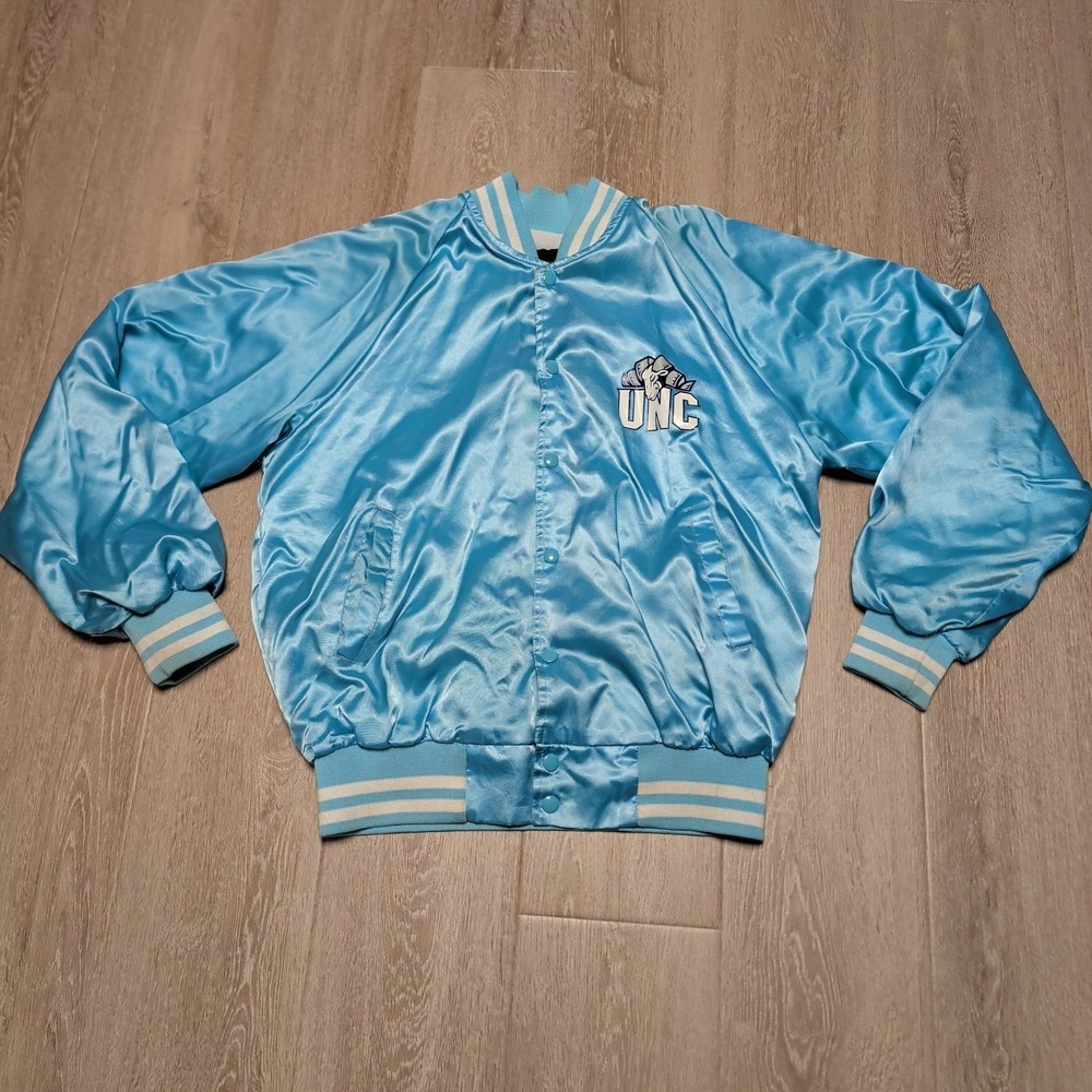 Vintage 80s‎ Bridgeport UNC Tar Heels Blue Satin Bomber Varsity Jacket Mens L